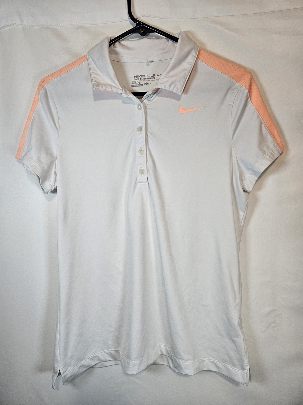 Nike White Polo with Peach Shoulder Stripes